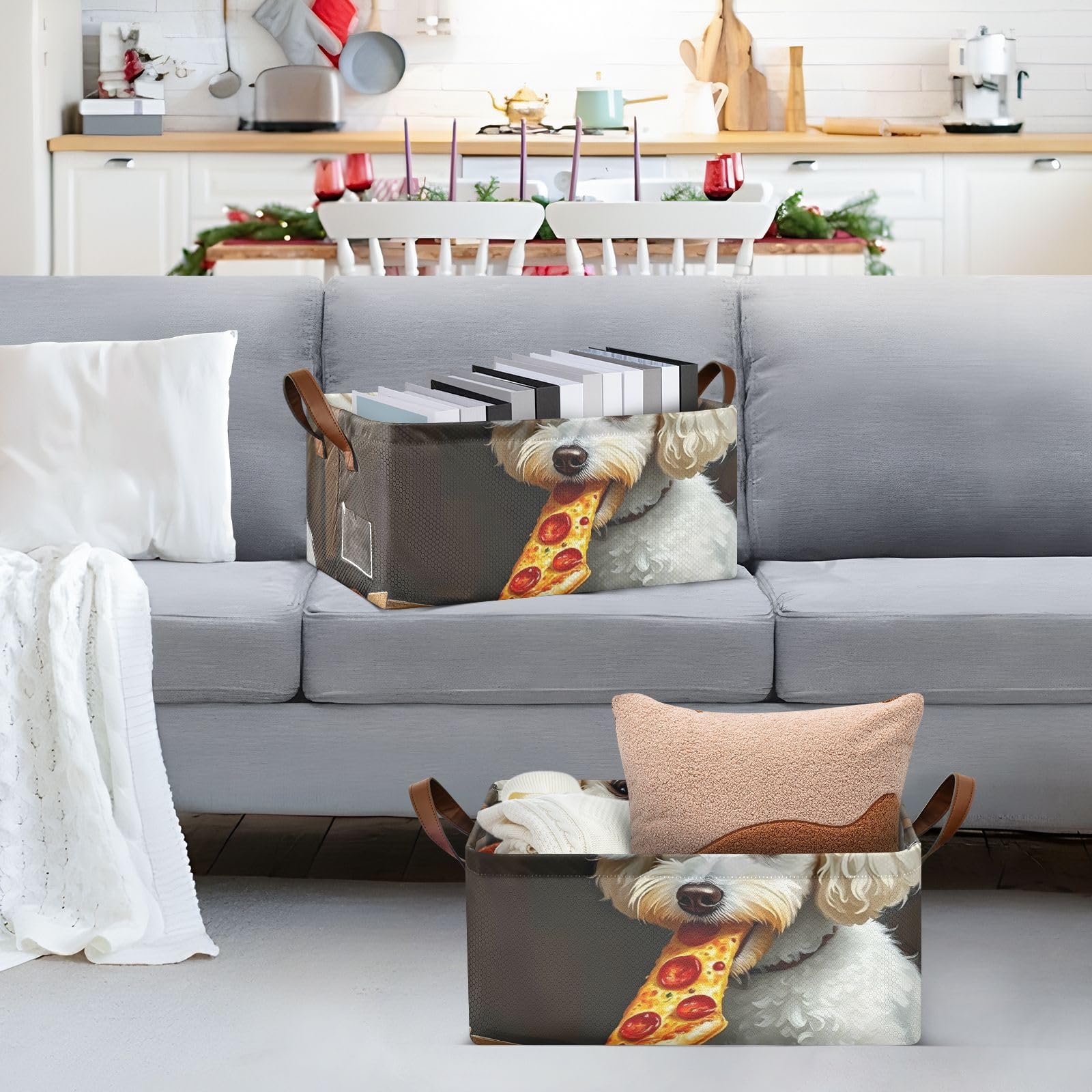 Hezely Poodles Eat Pizza Large Storage Baskets for Shelves, Fabric Storage Bins with Handles,Fabric Storage Cubes Closet Organizer for Home（1 Pack）