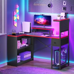 YITAHOME L Shaped Gaming Desk with Drawer and Storage Shelves, 51 Inch Reversible Computer Desk with LED Lights & Hutch, Corner Desk Gaming Table with Monitor Stand & Pegboard, Black Carbon Fiber