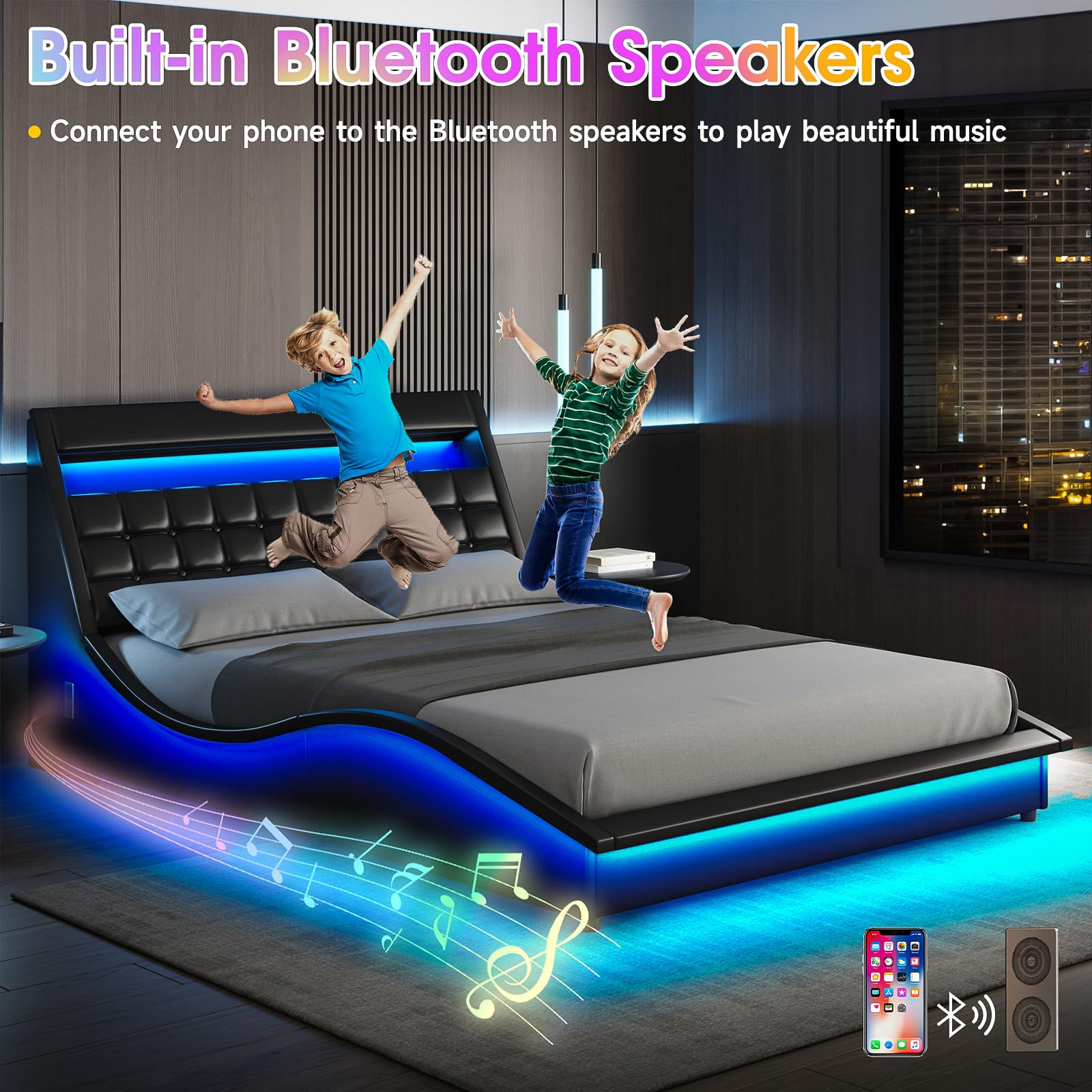 Fameill Queen Size LED Bed Frame with Bluetooth Speaker, PU Leather Upholstered Platform Bed Frame with Charging Station, Wave-Like Curve Design, Easy Assembly, Noise Free, No Box Spring Needed, Black