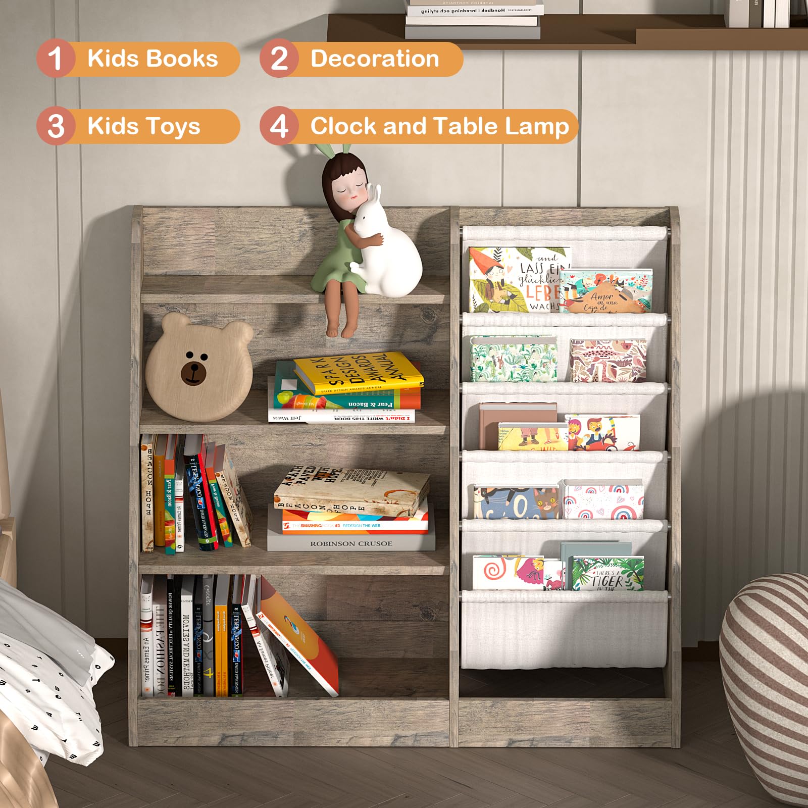 4 Tier Kids Bookshelf Wooden, Five Layer Sling Children Bookcase, Baby Toddler Storage Book Rack, Book and Toy Organizer Cabinet Chest, Book Display Shelf Stand, Playroom Nursery Classroom Library