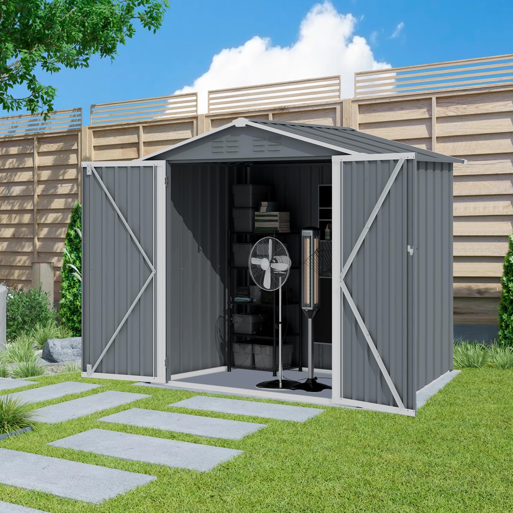 Ball & Cast 6x4 FT Outdoor Storage Shed, Heavy Duty Metal Sheds with Sloping Roof and Sliding Doors,Waterproof Tool Sheds with Punched Vents for Garden,Backyard,Lawn,Easy to Assemble,Grey