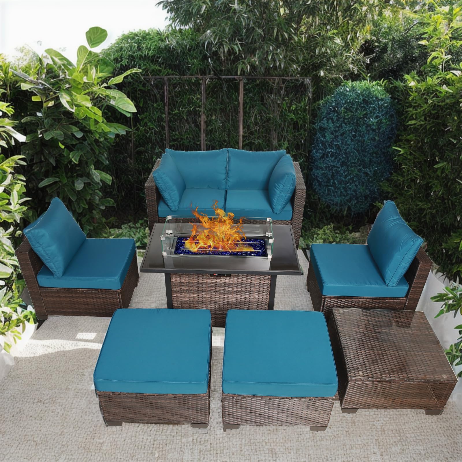 VRSHWO 8 Pieces Outdoor Patio Furniture Set with Fire Pit Table 44", 50000 BTU Propane Gas Fire Pit, Patio Sectional Conversation Sets Wicker Rattan Sofa Couch with Coffee Table, Blue