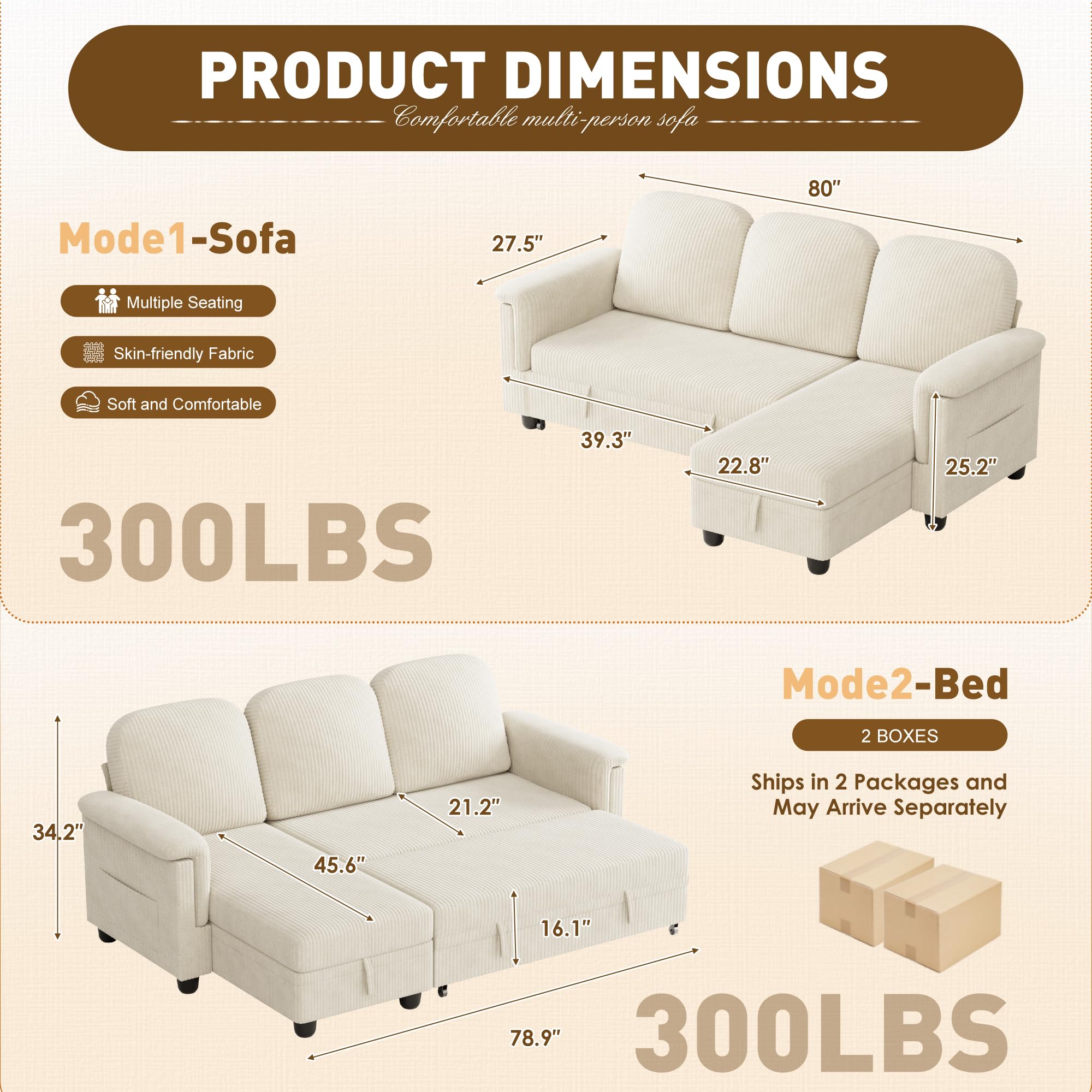 YESHOMY Sleeper L-Shaped Couch Sofa Bed Convertible Sectional Pull Out Couches,with Storage Space,for Living Room,Corduroy(Light Beige)