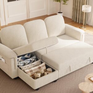 YESHOMY Sleeper L-Shaped Couch Sofa Bed Convertible Sectional Pull Out Couches,with Storage Space,for Living Room,Corduroy(Light Beige)