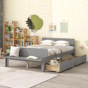 Full Size Bed Frame with 2 Storage Drawers, Wood Full Kids Platform Bed with Headboard and Footboard Bench for Bed Room Apartment, Full Storage Bed for Boys Girls (Grey with Drawers)