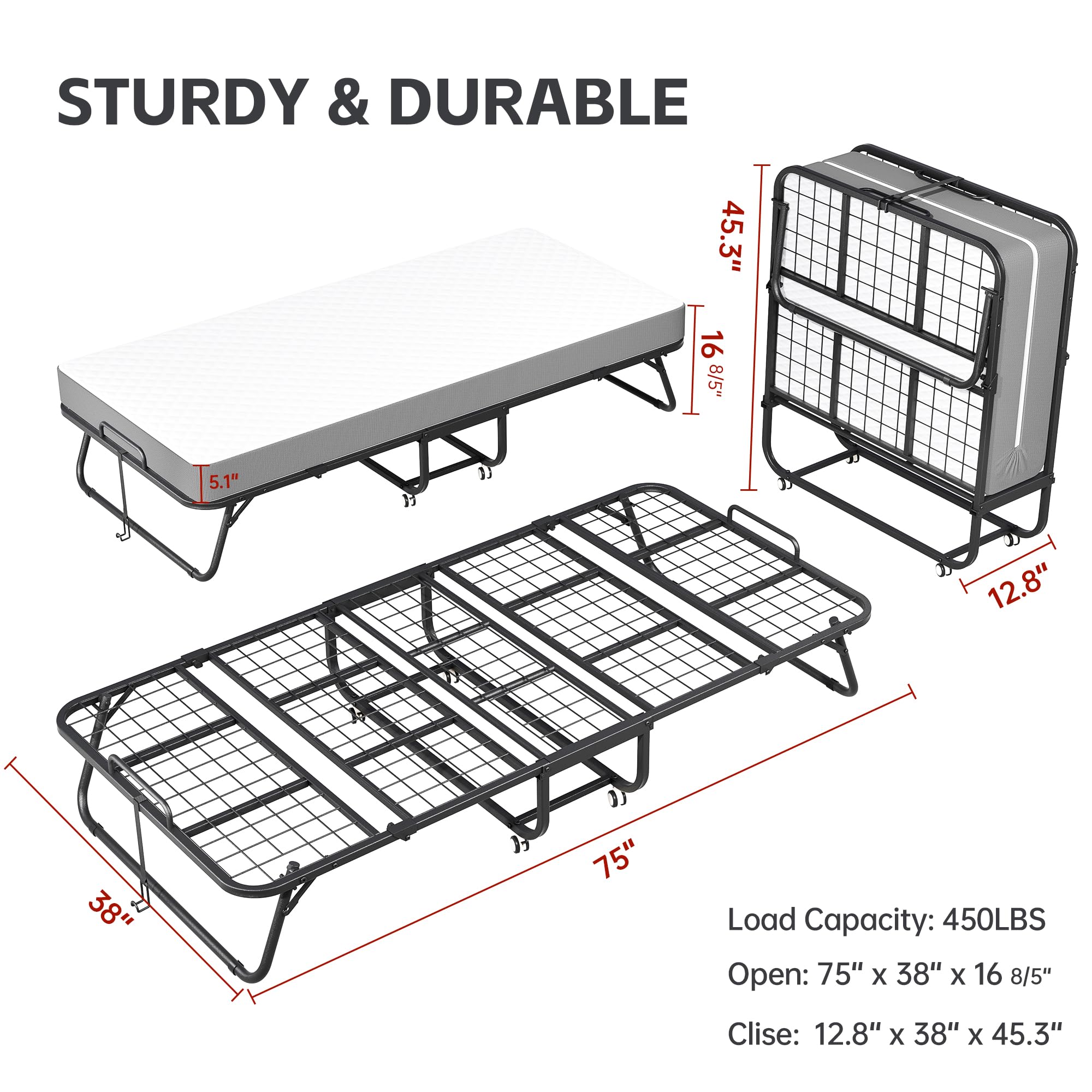 Bonusall Folding Bed with Mattress,Space-Saving Sturdy Metal Frame,Twin Bed for Adults,5" Thick, 75" x 38" Portable Roll Away Guest Beds - Foldaway Bed Frame for Guest, Small Apartment