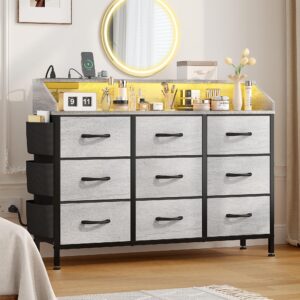 lulive dresser for bedroom with 9 drawers - chest of drawers for bedroom with led light & charging station - kids adults chest of drawers for living room hallway closet nursery (grey)