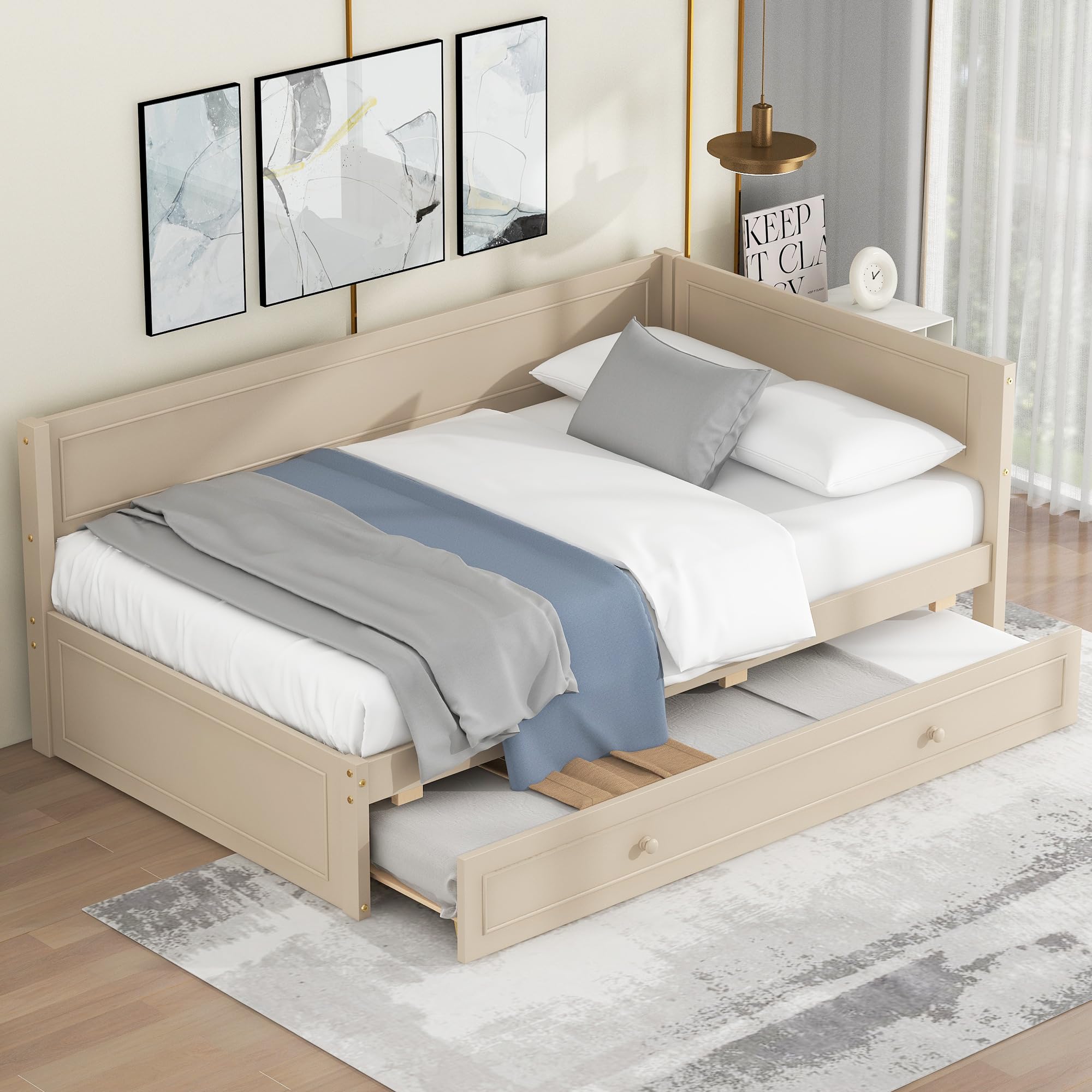 Merax Twin Size Wood Daybed with Trundle and Guardrail, Beige