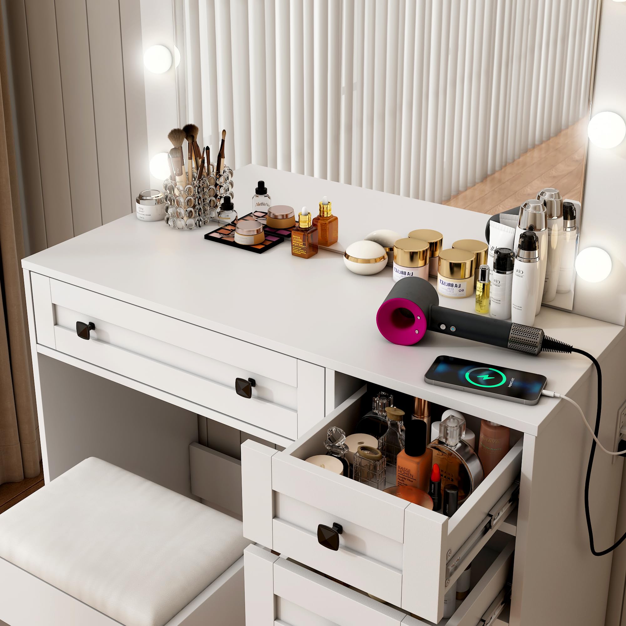 Pipleo Farmhouse Vanity Makeup Desk with Lighted Mirror, 35.4" Modern Vanity Desk Set with 3 Drawers and Power Outlet, 3 Lighting Modes Brightness Adjustable for Bedroom, Including Vanity Stool, White