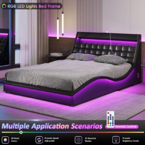 Fameill Queen Size LED Bed Frame with Bluetooth Speaker, PU Leather Upholstered Platform Bed Frame with Charging Station, Wave-Like Curve Design, Easy Assembly, Noise Free, No Box Spring Needed, Black