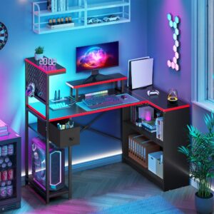 yitahome l shaped gaming desk with drawer and storage shelves, 51 inch reversible computer desk with led lights & hutch, corner desk gaming table with monitor stand & pegboard, black carbon fiber