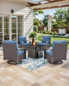 hummuh outdoor furniture with fire pit -patio table and chairs set of 4 swivel patio chairs for deck porch garden poolside backyard-brown/blue