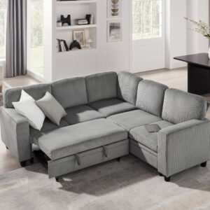 RedLemon 80'' Sectional Sleeper Sofa with Pull Out Couch Bed,L Shaped Couch with Storage Chaise & USB Charging Port, Convertible Comfy Sofa Couch for Living Room, Apartment, Corduroy, Light Grey