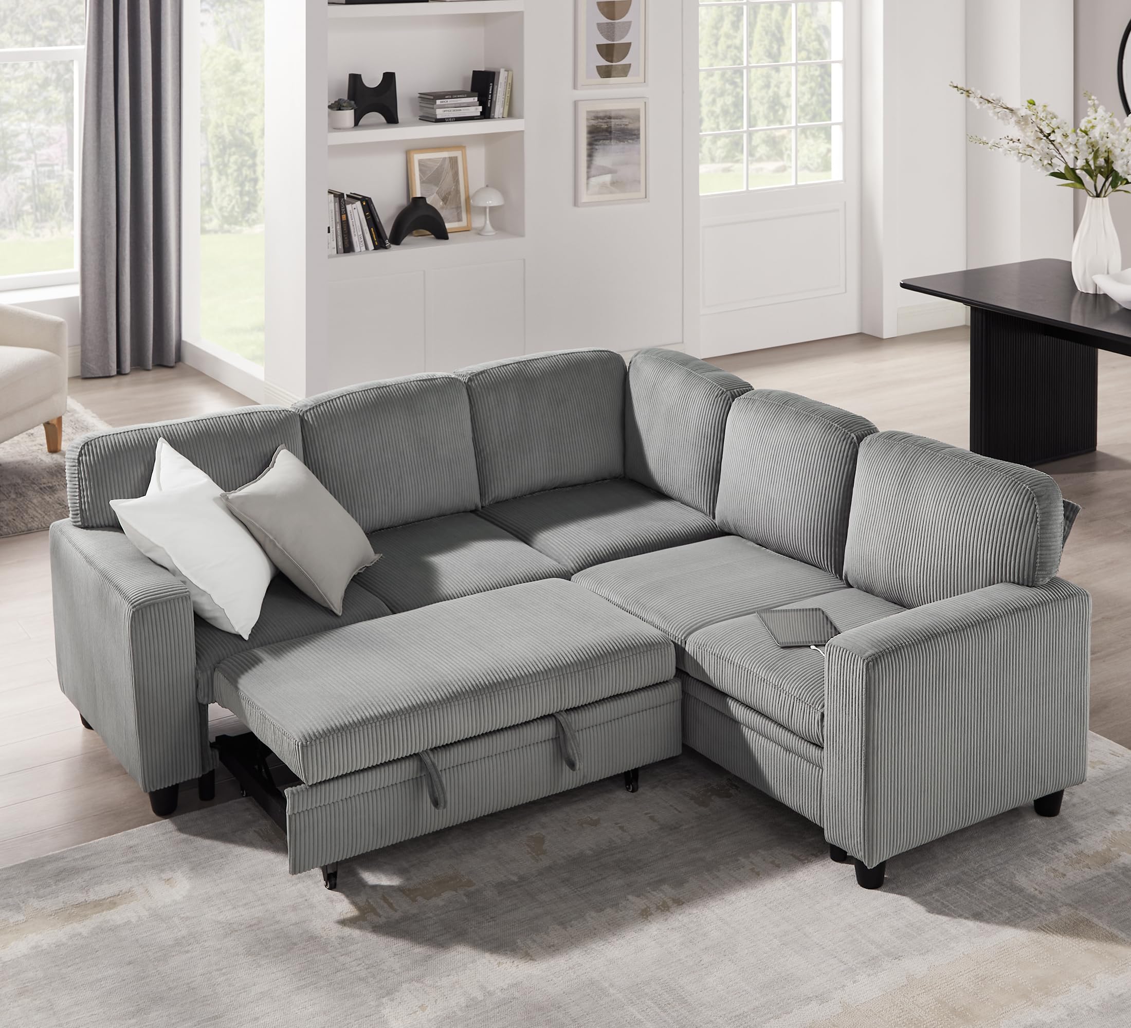 RedLemon 80'' Sectional Sleeper Sofa with Pull Out Couch Bed,L Shaped Couch with Storage Chaise & USB Charging Port, Convertible Comfy Sofa Couch for Living Room, Apartment, Corduroy, Light Grey