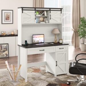 farmhouse 47" executive desk, computer desk with 2 drawers and storage cabinet, home office desk with hutch, charging hub, workspace for work and study,black