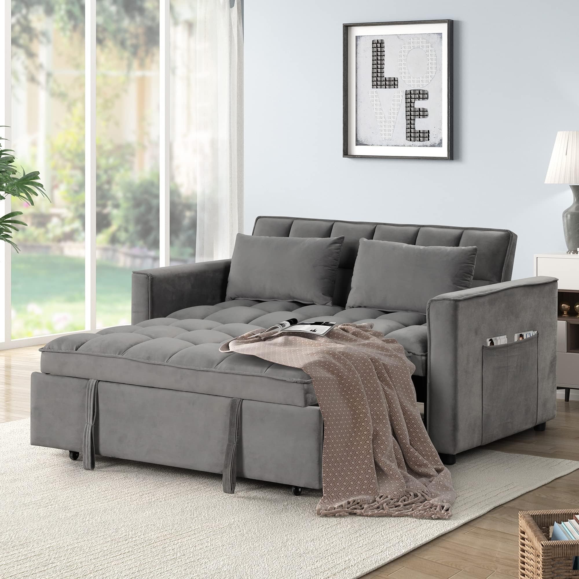 EBELLO 3 in 1 Convertible Sleeper Sofa Bed, Modern Velvet Loveseat Futon Couch Pullout Bed with Side Storage Pockets and Pillows, Small Love Seat Lounge Sofa Bed for Small Space,Light Grey