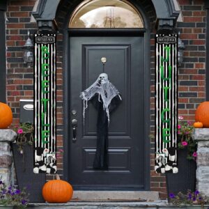 Scary Creepy Halloween Porch Banner Classic Movie Role Front Porch Welcome Sign Horror Halloween Party Decorations-12×71''