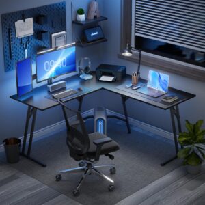 HLDIRECT 51 Inch L Shaped Gaming Desk, Corner Computer Desk with Carbon Fiber Surface, Space Saving PC Gaming Table for Home Office Writing Workstation, Easy to Install, Black