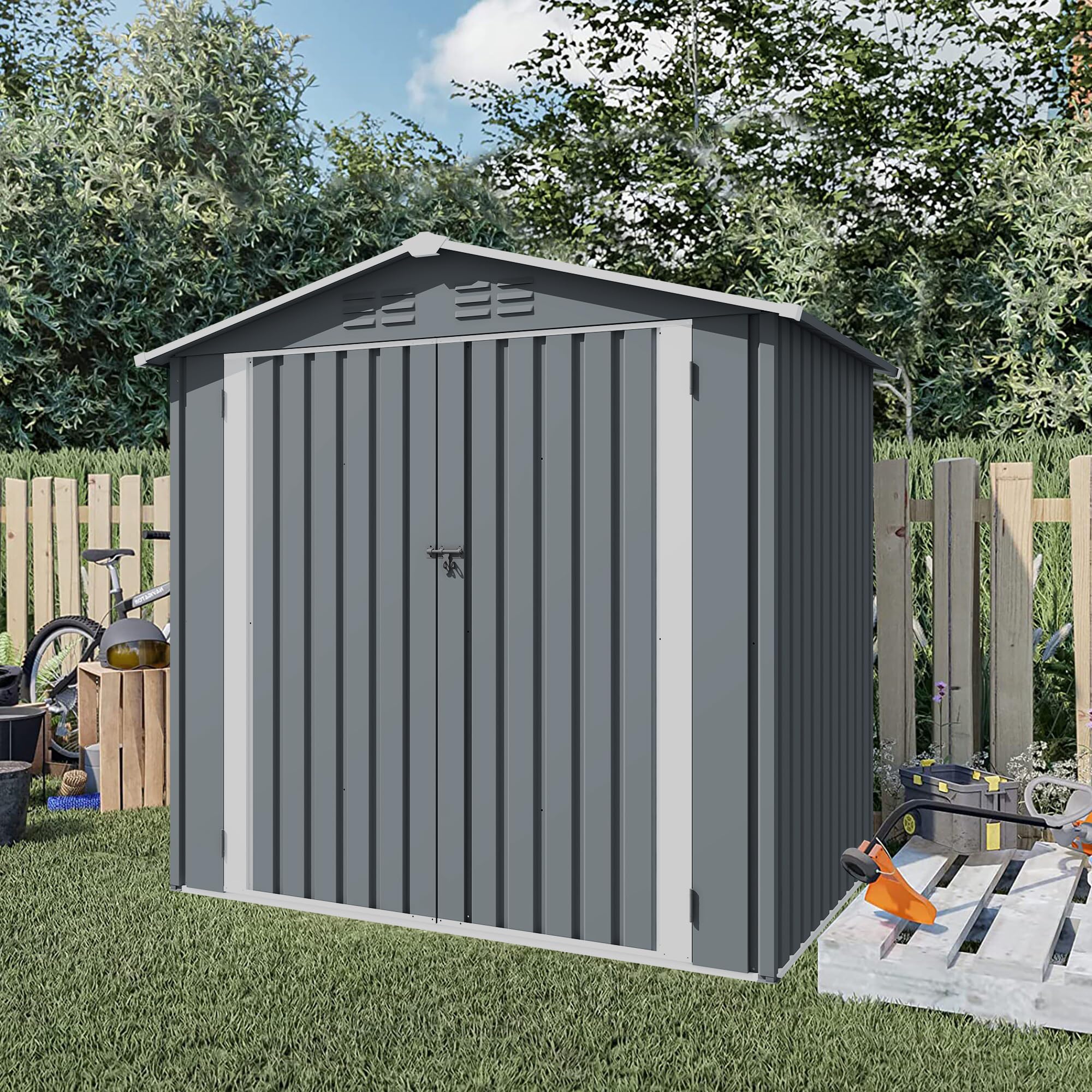 Ball & Cast 6x4 FT Outdoor Storage Shed, Heavy Duty Metal Sheds with Sloping Roof and Sliding Doors,Waterproof Tool Sheds with Punched Vents for Garden,Backyard,Lawn,Easy to Assemble,Grey