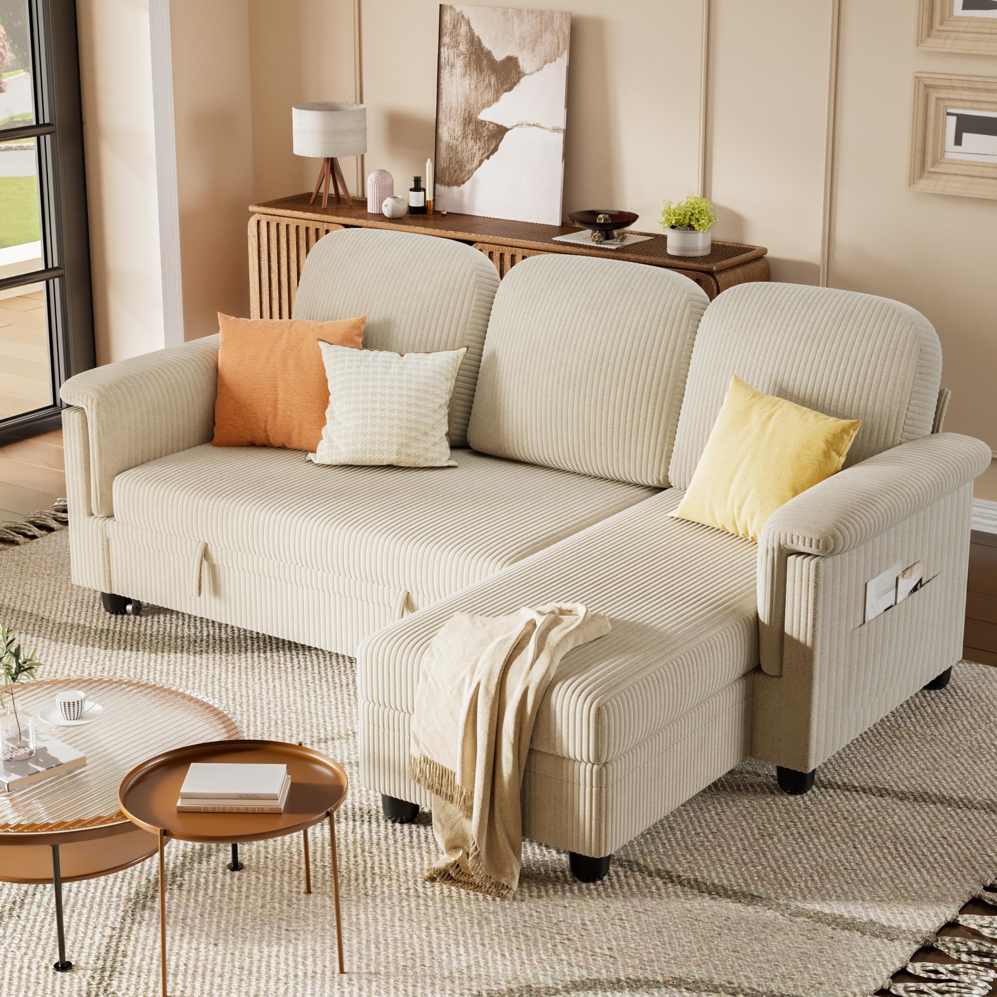 YESHOMY Sleeper L-Shaped Couch Sofa Bed Convertible Sectional Pull Out Couches,with Storage Space,for Living Room,Corduroy(Light Beige)