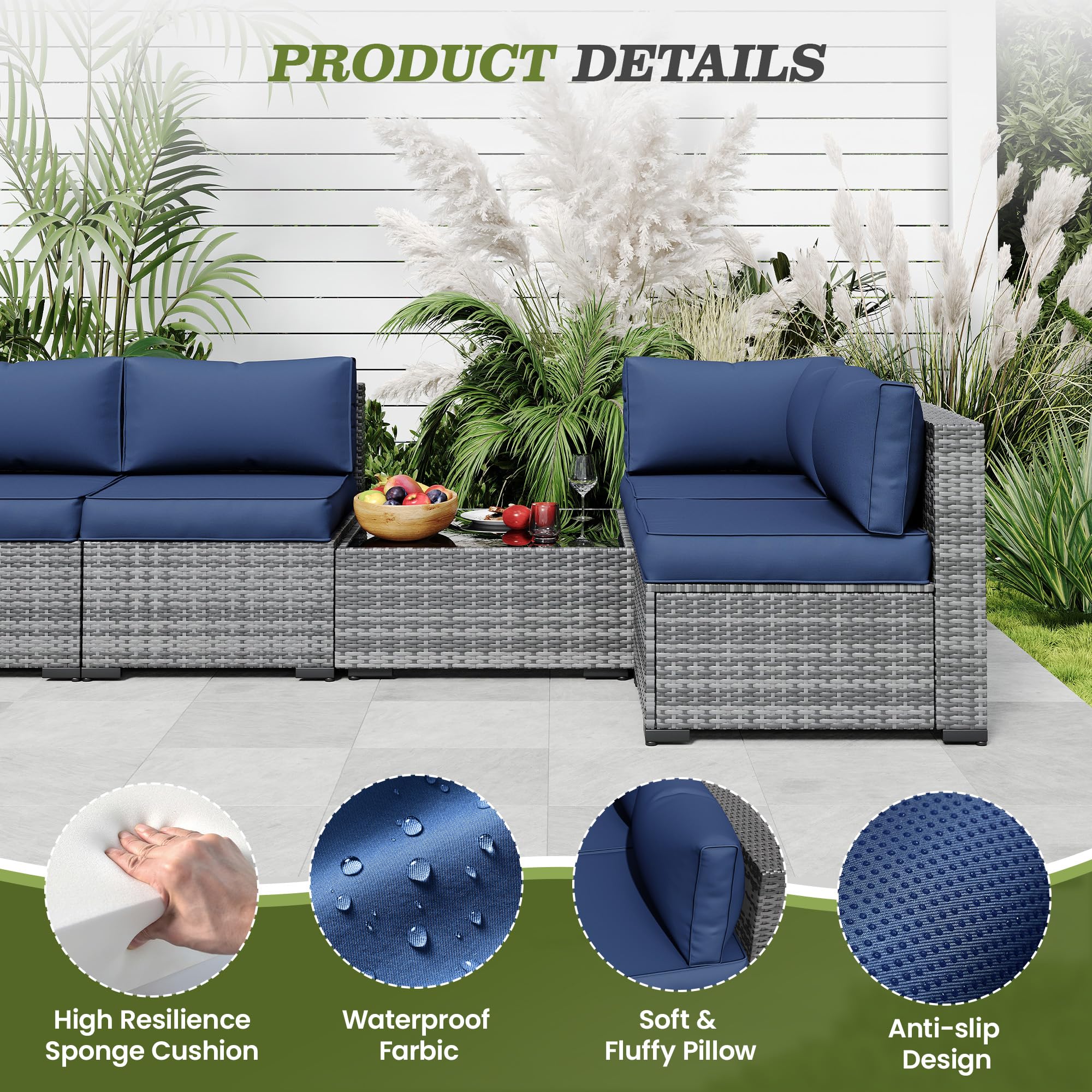 Amopatio Outdoor Cushions for Patio Furniture Replacement, Patio Furniture Cushions for Outdoor Seat, Patio Cushions for Outdoor Furniture, Outdoor Sectional Cushions for Patio Sofa (Navy Blue)