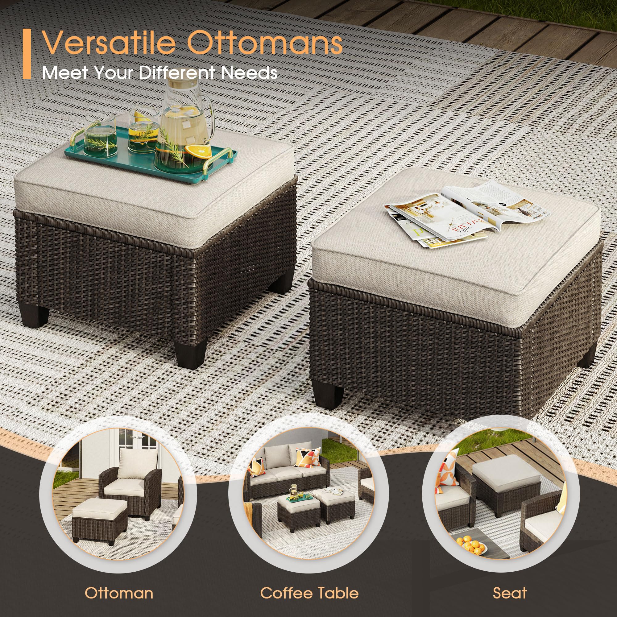 VICLLAX 2 Pieces Outdoor Ottomans, Wicker Rattan Outdoor Footstool Footrest Seat with Cushions