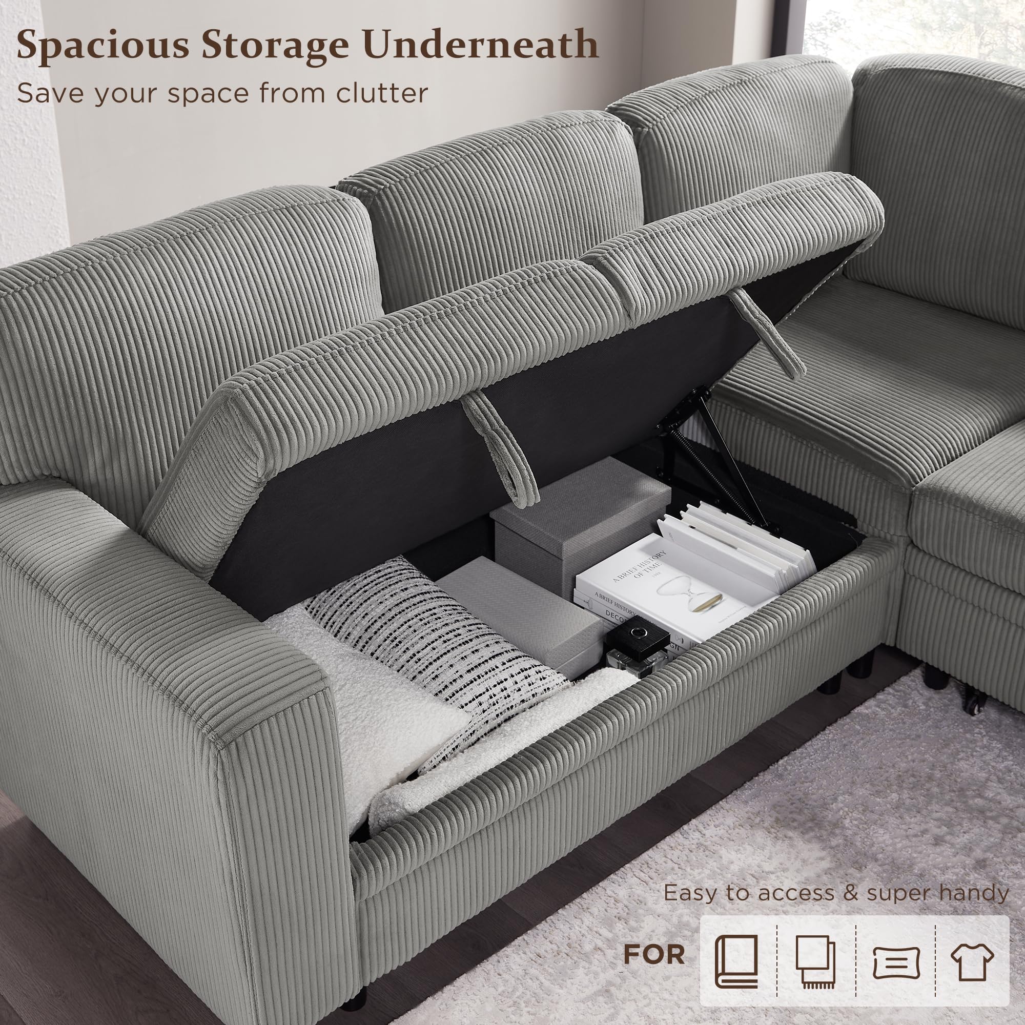 RedLemon Sectional Sleeper Sofa with Pull Out Couch Bed, 80'' Convertible L Shaped Couch with Storage Chaise & USB Charging Port, Comfy Sofa for Living Room, Apartment, Corduroy, Light Grey