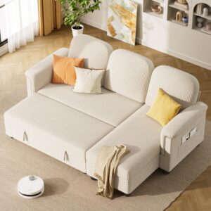 YESHOMY Sleeper L-Shaped Couch Sofa Bed Convertible Sectional Pull Out Couches,with Storage Space,for Living Room,Corduroy(Light Beige)