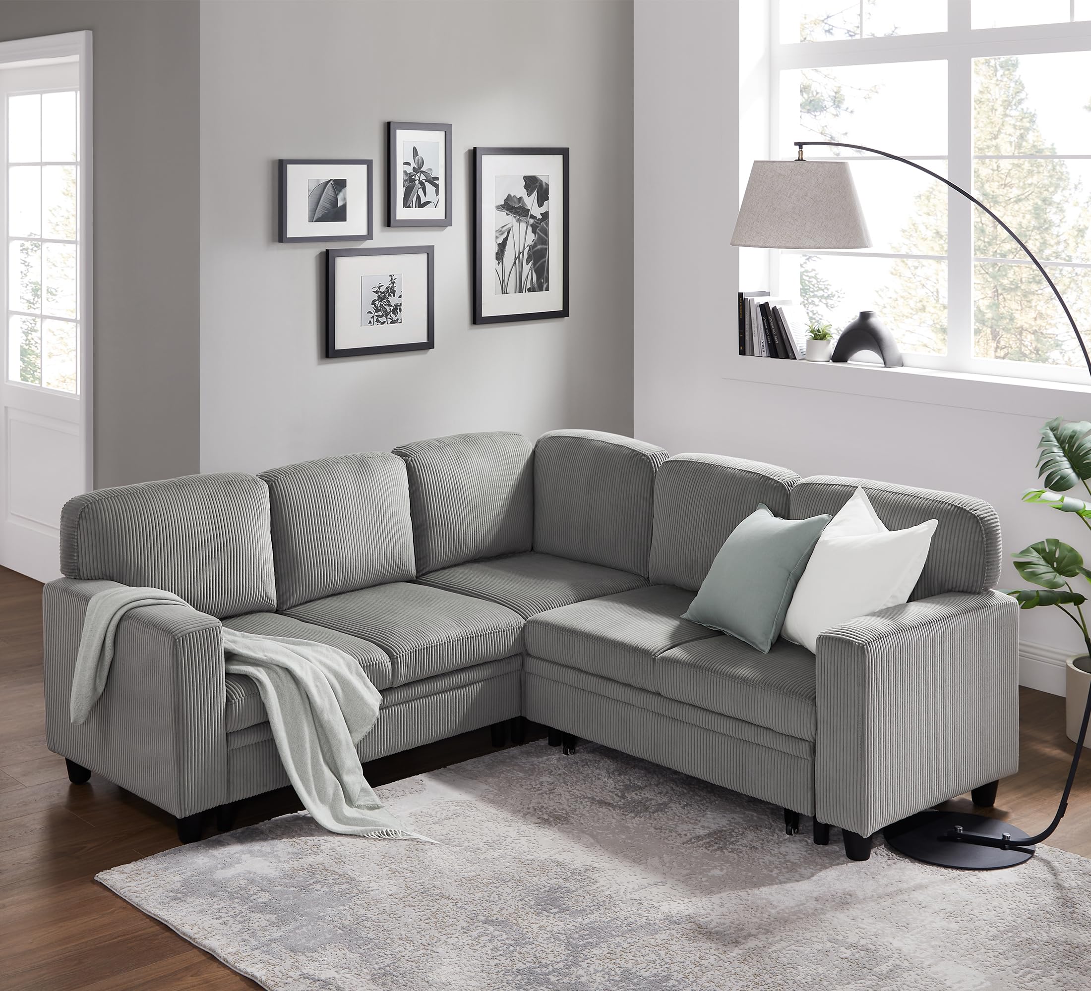 RedLemon Sectional Sleeper Sofa with Pull Out Couch Bed, 80'' Convertible L Shaped Couch with Storage Chaise & USB Charging Port, Comfy Sofa for Living Room, Apartment, Corduroy, Light Grey