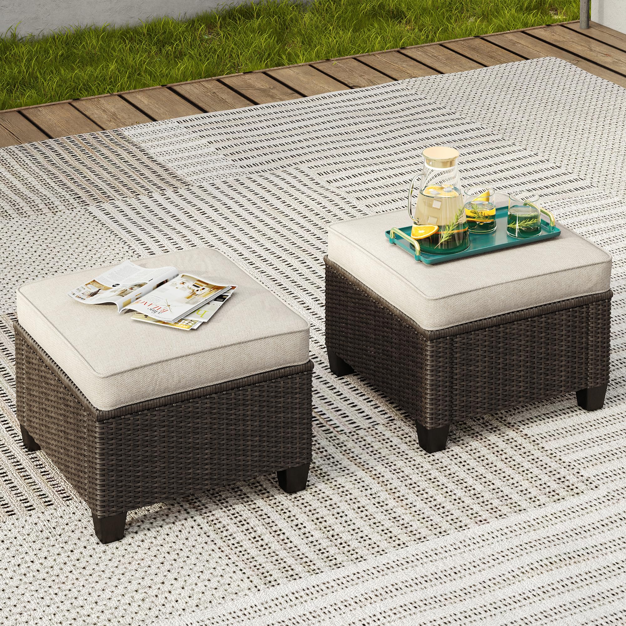 VICLLAX 2 Pieces Outdoor Ottomans, Wicker Rattan Outdoor Footstool Footrest Seat with Cushions