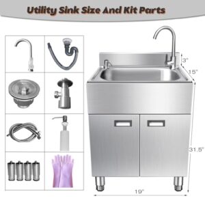 LZXNFZY Stainless Steel Utility Sink with Faucet, Free Standing Kitchen Sink Cabinet, Bathroom Vessel Sink Laundry Tub, Outdoor Hand Washing Station for Yard Garages Farmhouse Factory(19x15in)