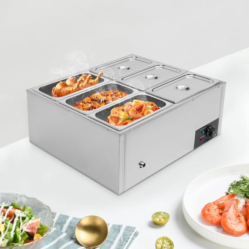 OCASAMI 6 Pan Electric Food Warmer, 850W Stainless Steel Countertop Food Warmer Commercial Buffet Hot Plate Warmer Electric Countertop Steamer Equipment for Restaurants and Catering