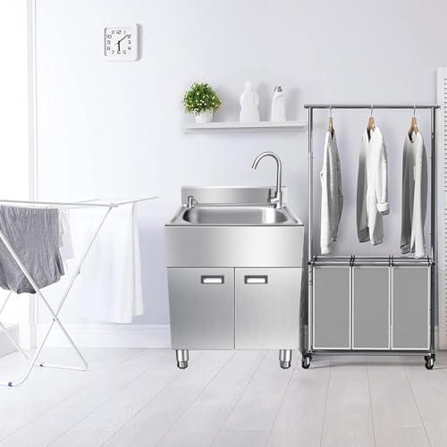 LZXNFZY Stainless Steel Utility Sink with Faucet, Free Standing Kitchen Sink Cabinet, Bathroom Vessel Sink Laundry Tub, Outdoor Hand Washing Station for Yard Garages Farmhouse Factory(19x15in)