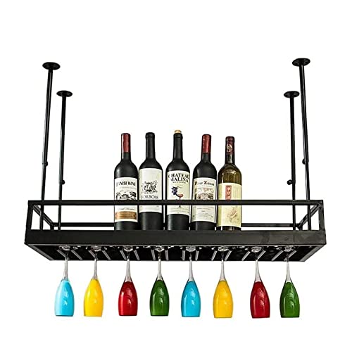 Ceiling Glass Rack Industrial Vintage Floating Shelf,Adjustable Height,Ceiling Mounted Hanging Bottle Holder,Stemare Holder,for Bar Home Kitchens,Black