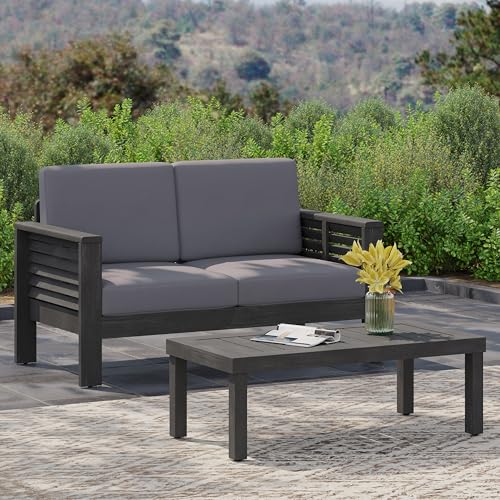 Merax Outdoor Acacia Wood Loveseat and Coffee Table Patio Conversation Set with Cushions