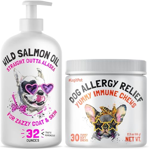 Allergy Relief Chews for Dogs & Immune & Digestive Supplement 30 Soft Treats and Wild Alaskan Salmon Oil for Dogs & Cats 32 oz