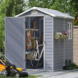 aoxun 6x4ft resin outdoor storage shed with floor, plastic garden shed with lockable door and window, tools house to store patio furniture, bike accessories, garbage can and lawn mower - grey