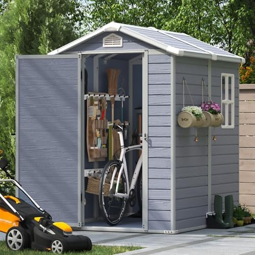 Aoxun 6x4FT Resin Outdoor Storage Shed with Floor, Plastic Garden Shed with Lockable Door and Window, Tools House to Store Patio Furniture, Bike Accessories, Garbage Can and Lawn Mower - Grey