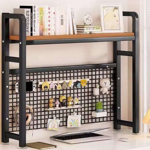 2-Tier Desk Shelf, 45.3" Multipurpose Desktop Organizer Shelf with Grid Panel, Computer Desktop Bookcase Bookshelf Storage Rack for Home Office Dorm,Black