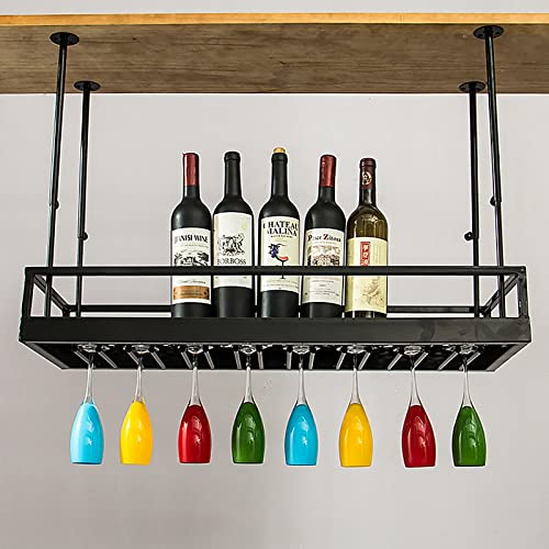 Ceiling Glass Rack Industrial Vintage Floating Shelf,Adjustable Height,Ceiling Mounted Hanging Bottle Holder,Stemare Holder,for Bar Home Kitchens,Black