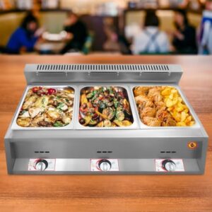 RocoReny Commercial Food Warmer, 3-Pan Gas Food Warmer Stainless Steel Buffet Steam Table Warmer with Lids for Catering Restaurants Home Party (3-Pan*10L/2.64Gal)