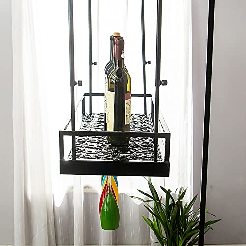 Ceiling Glass Rack Industrial Vintage Floating Shelf,Adjustable Height,Ceiling Mounted Hanging Bottle Holder,Stemare Holder,for Bar Home Kitchens,Black