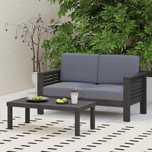 Merax Outdoor Acacia Wood Loveseat and Coffee Table Patio Conversation Set with Cushions