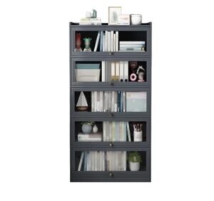 modern 5 tier bookcase with flip door, rectangle shelves with closed back panels, tall bookshelf, storage organizer shelves for bedroom, living room, office, kitchen(gray,23.6*12.2*67.7in)