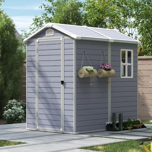 Aoxun 6x4FT Resin Outdoor Storage Shed with Floor, Plastic Garden Shed with Lockable Door and Window, Tools House to Store Patio Furniture, Bike Accessories, Garbage Can and Lawn Mower - Grey