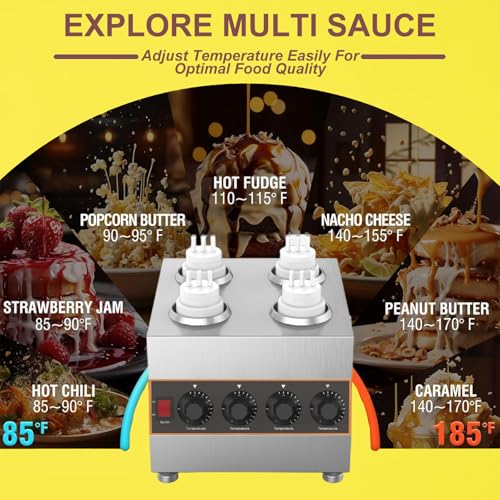 Commercial Stainless Steel Hot Chocolate Sauce Warmer, Cheese Sauce Bottle Dispenser, Electric Food Sauce Warmer with 4 x 650ml Squeeze Bottles,110V