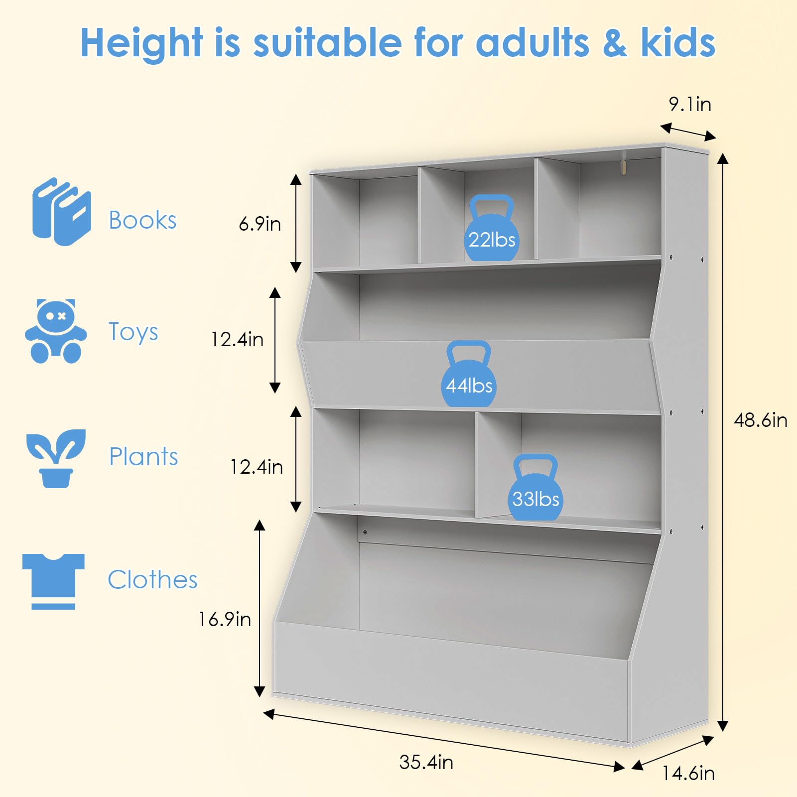 MAMIZO Toy Storage Organizer for Kids, Large Wooden Open Bookcase, 4-Tier Children Storage Cabinet, Cubby Bookshelf for Playroom Bedroom Nursery Classroom (Gray)