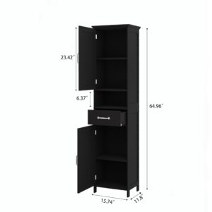 Locsear Tall Bathroom Storage Cabinet, Black Bathroom Cabinets Freestanding, Narrow Storage Cabinet w/Adjustable Shelves for Home, Kitchen, Versatile, Anti-Tipping