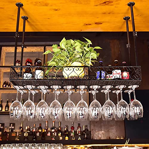 Ceiling Glass Rack Ceiling Hanging Display Rack,Adjustable Height,Industrial Metal Bottle Holder,Stemare Holder,Restaurants/Bars/Home Decorative Storage Shelf