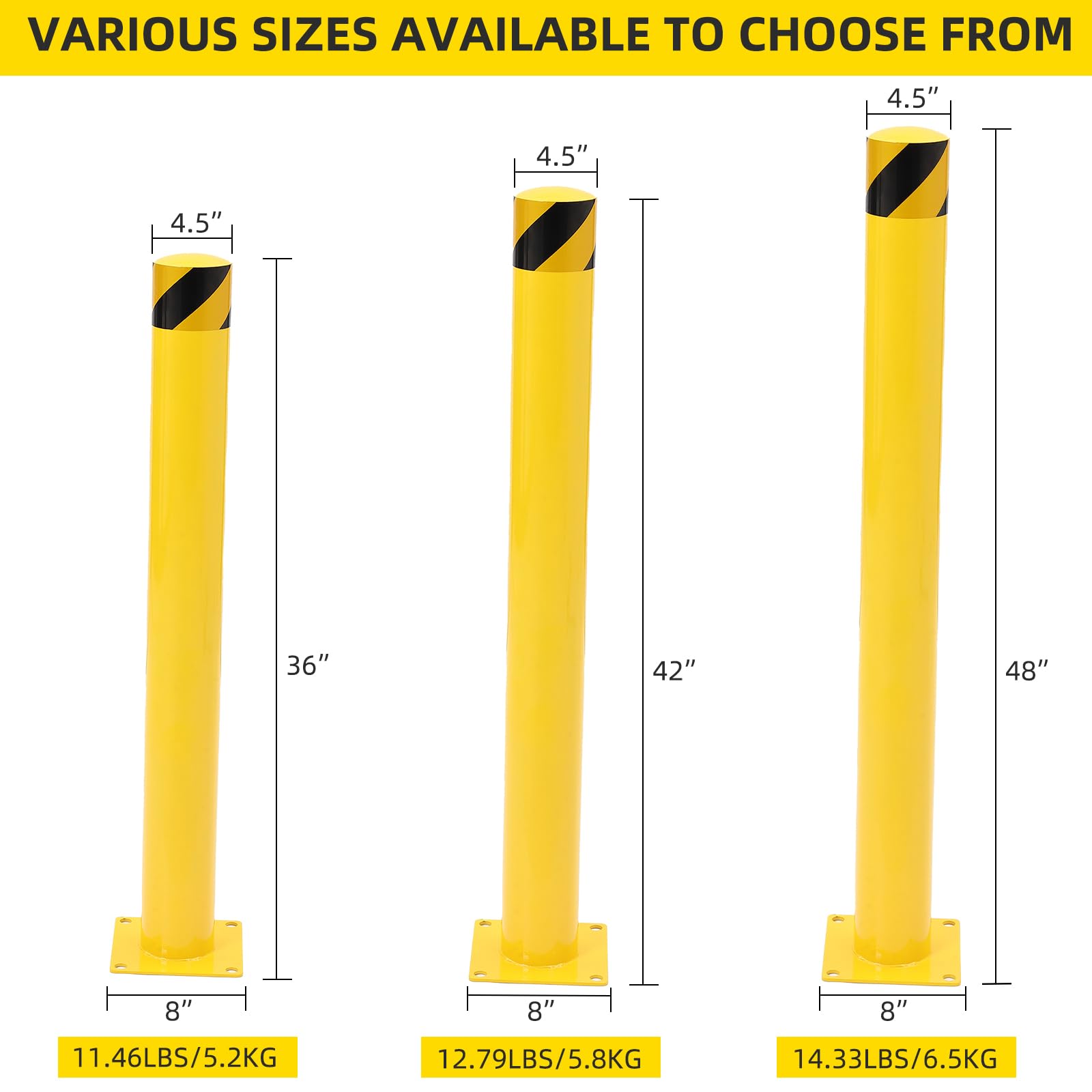 GarveeTech Safety Bollards 6 Pack - 48 Inch Heavy-Duty Yellow Steel Posts with 4.5 Inch Diameter & 8 Anchor Bolts for Effective Traffic Control & Driveway Barriers